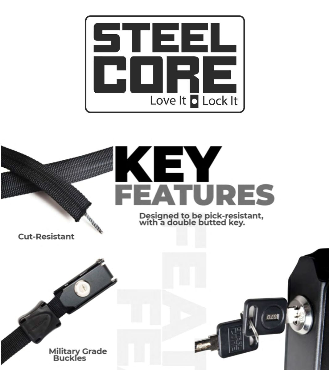 Steelcore Security Strap Pair, SSB-9-P, locking straps, locks, security, steelcore, Accessories - Steelcore Theft Resistant Locking Security Straps are ideal for securing your assets including bikes, motorcycles, surfboards, coolers, sporting goods, tools, and more. - Imported and distributed in North &amp; South America by Lindeco Genuine Powersports.